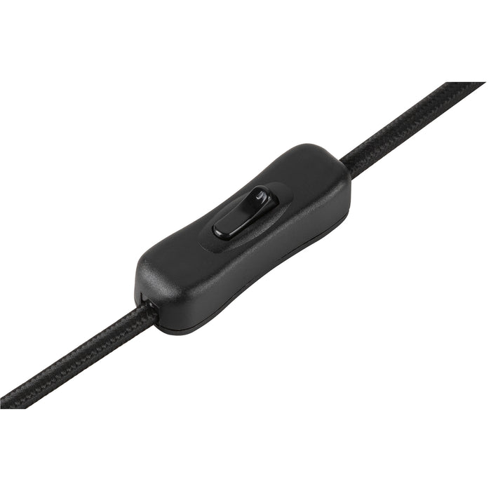 Black plastic inline cord switch on black fabric-covered wire.