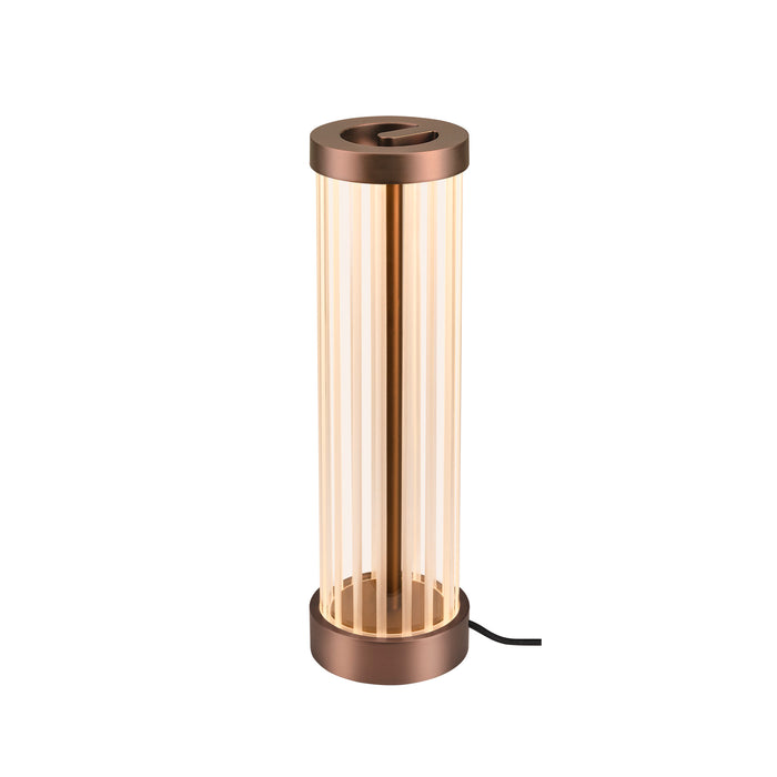 Cylindrical table lamp with bronze finish, glass shade, and vertical ribbed design.