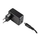 Black plastic AC adapter with EU plug and DC barrel connector.