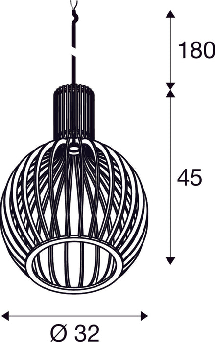 Dimensioned drawing of SLV WUD, pendant light, E27, ball shape, open cable end, 1x max. 60W, black