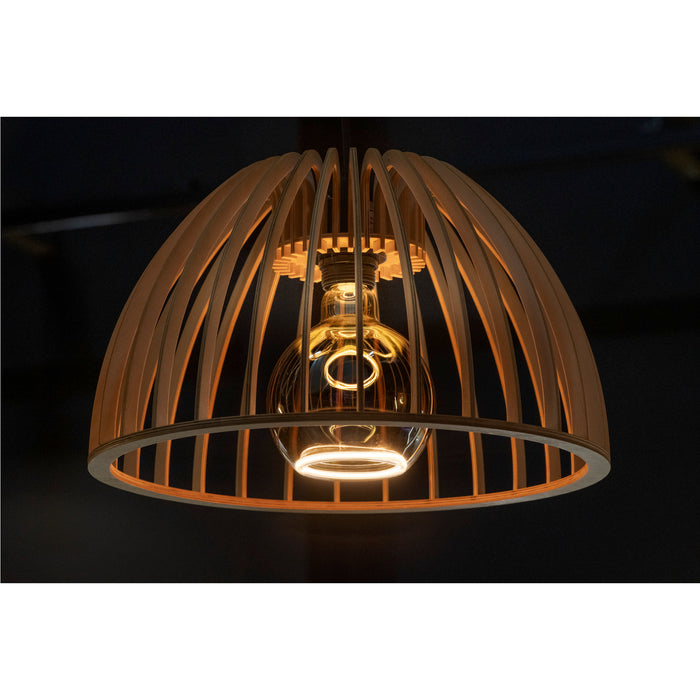 Wood pendant light fixture, natural finish, with exposed bulb.
