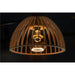 Wood pendant light fixture, natural finish, with exposed bulb.