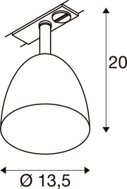 Dimensioned drawing of SLV Aluminium PARA CONE 14, 1 phase system light, GU10, copper/white