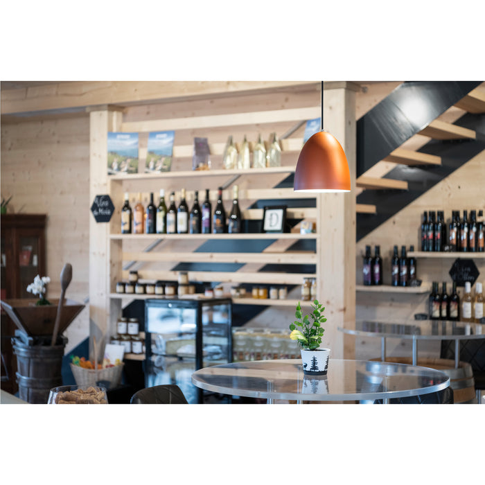 Copper pendant light fixture with a glossy finish, hanging in a wine shop.