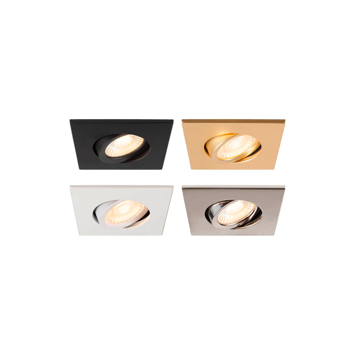 Four square recessed ceiling lights: black, gold, white, and brushed nickel finish.