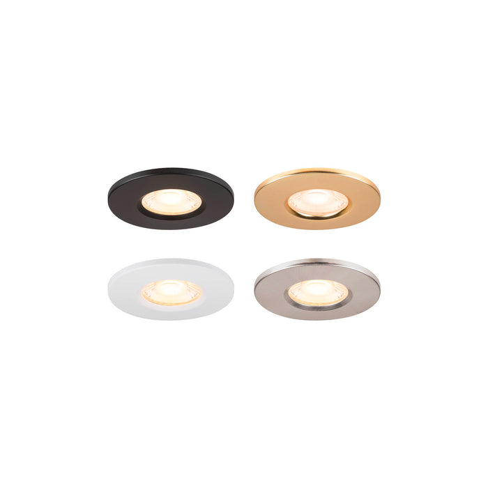 Recessed LED downlights in black, gold, white, and brushed nickel finishes.