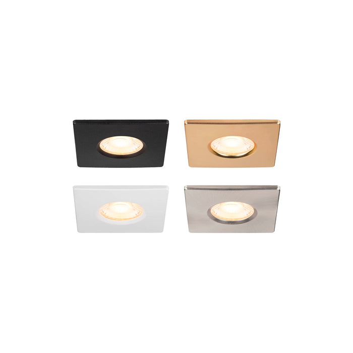 Four square recessed lights: black, gold, white, and brushed nickel finish.