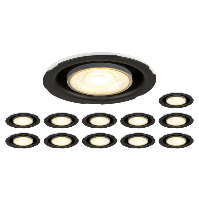 Recessed ceiling lights, black and white trim, flush mount.