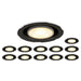 Recessed ceiling lights, black and white trim, flush mount.