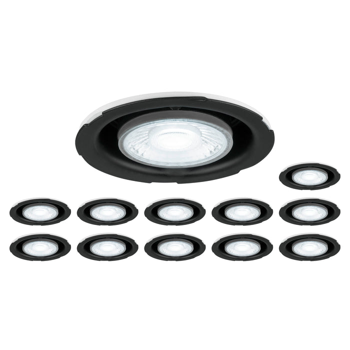 Recessed LED downlights, black and white finish, ceiling mounted.