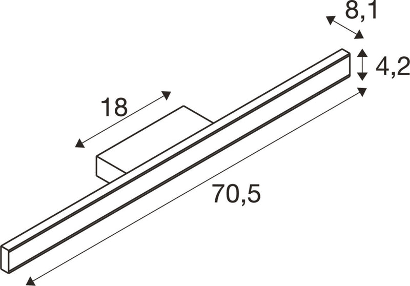 Dimensioned drawing of SLV ONE LINEAR 70, wall-mounted light, UP/DOWN, 2700/3000K, PHASE, black