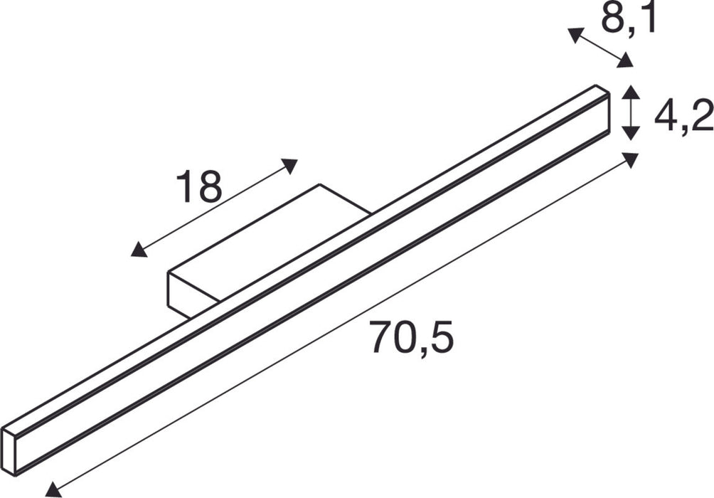 Dimensioned drawing of SLV ONE LINEAR 70, wall-mounted light, UP/DOWN, 2700/3000K, PHASE, white