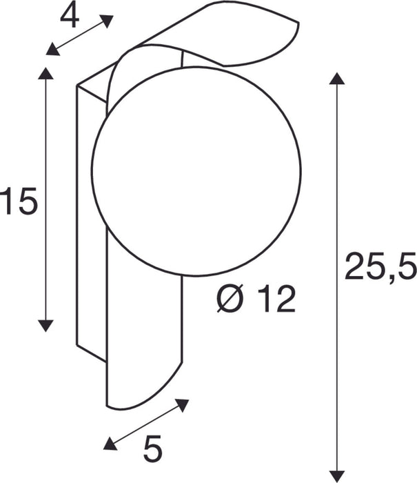 Dimensioned drawing of SLV SUN, wall-mounted light, round, 1x max. 40W, LED light, G9, PHASE, black