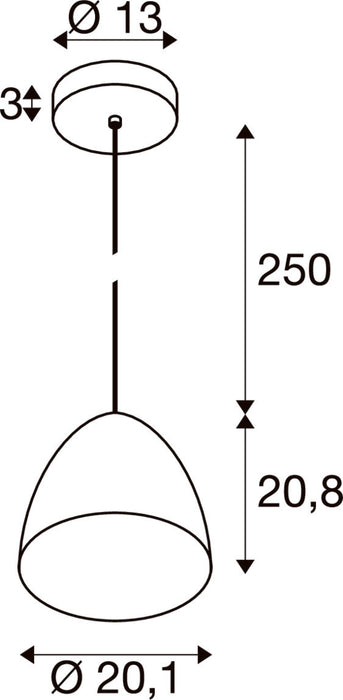 Technical drawing of a pendant light fixture with dimensions.