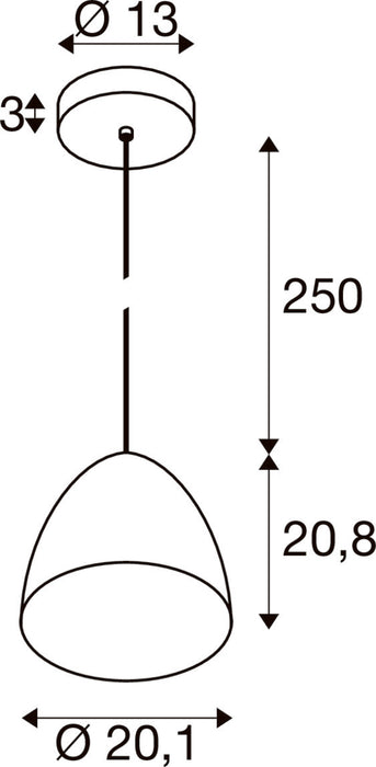 Technical drawing of a pendant light fixture with dimensions.