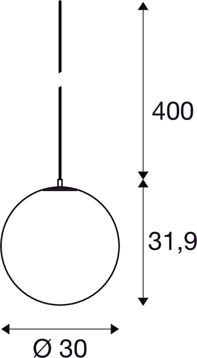 Dimensioned drawing of SLV SUN 30, pendant light, E27, open cable end, 1x max. 40W, matt black