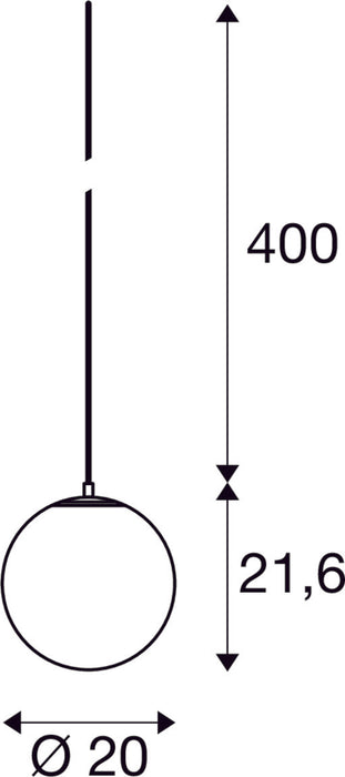 Dimensioned drawing of SLV SUN 20, pendant light, E27, open cable end, 1x max. 40W, matt black