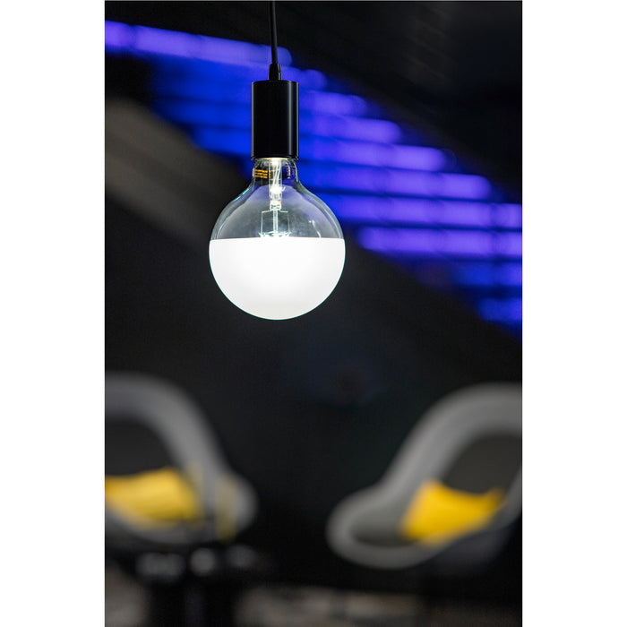 Hanging glass light bulb with frosted bottom and black fixture.