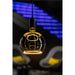Hanging amber glass pendant light with black fixture.