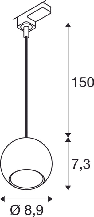 Dimensioned drawing of SLV LIGHT EYE® 90, 3~ pendant light, GU10, pendant length 150cm, 1x max. 6W, matt black