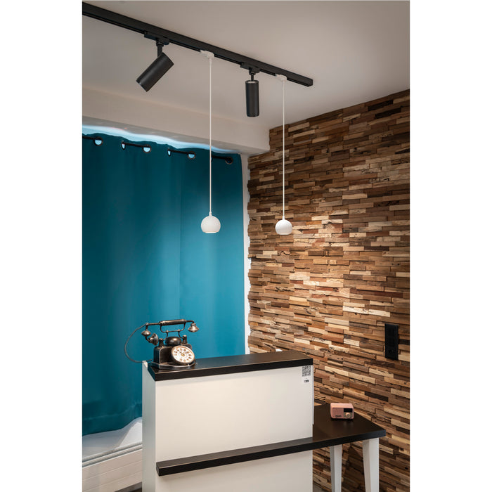 Black track lighting with cylindrical heads and white globe pendant lights.