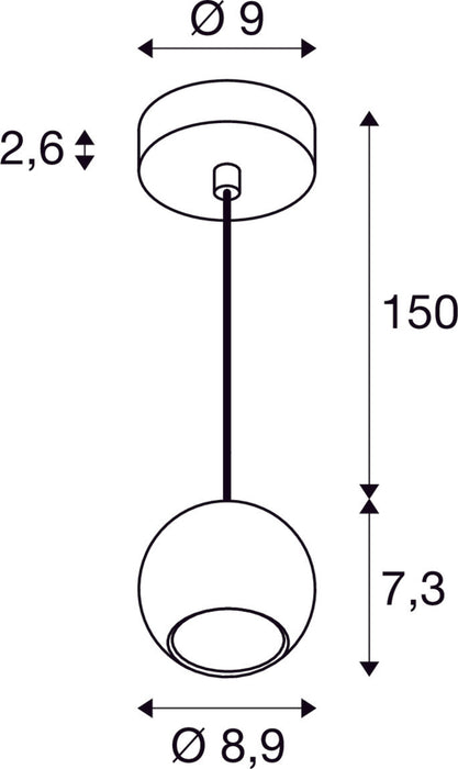 Dimensioned drawing of SLV LIGHT EYE® 90, pendant light, GU10, pendant length 150cm, 1x max. 6W, matt black