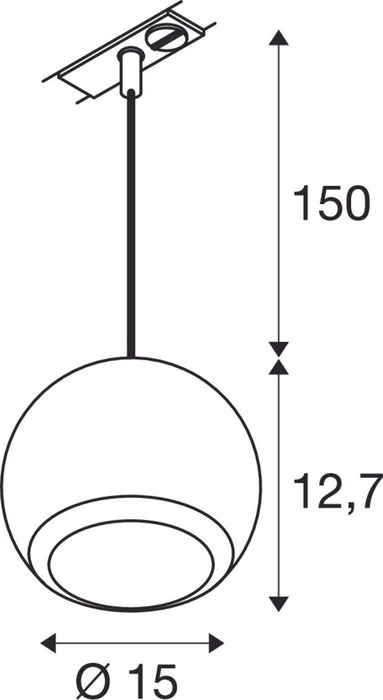 Dimensioned drawing of SLV LIGHT EYE® 150, 1~ pendant light, GU10, pendant length 150cm, 1x max. 13W, matt white