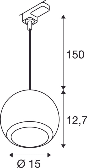 Dimensioned drawing of SLV LIGHT EYE® 150, 3~ pendant light, GU10, pendant length 150cm, 1x max. 13W, matt black