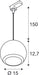 Dimensioned drawing of SLV LIGHT EYE® 150, 3~ pendant light, GU10, pendant length 150cm, 1x max. 13W, matt black