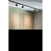Black metal track lighting fixture, ceiling mounted.