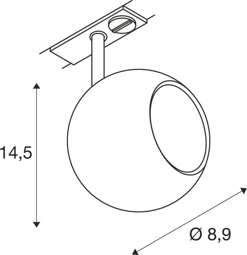Dimensioned drawing of SLV Aluminium LIGHT EYE® 90, 1~ spotlight, round, GU10, 1x max. 6W, matt black