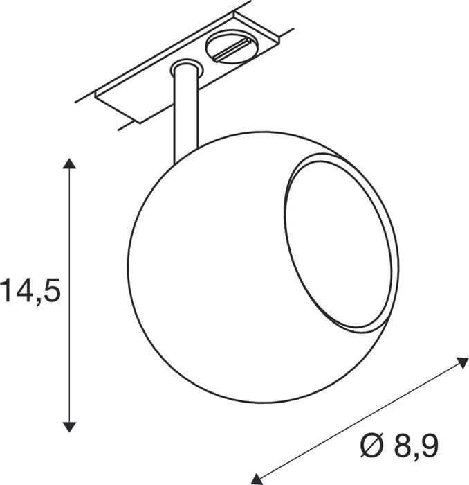 Dimensioned drawing of SLV Aluminium LIGHT EYE® 90, 1~ spotlight, round, GU10, 1x max. 6W, matt white