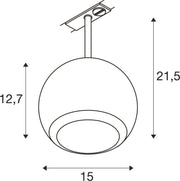Dimensioned drawing of SLV Aluminium LIGHT EYE ® 150, 1~ spotlight, round, GU10, 1x max. 13W, matt black