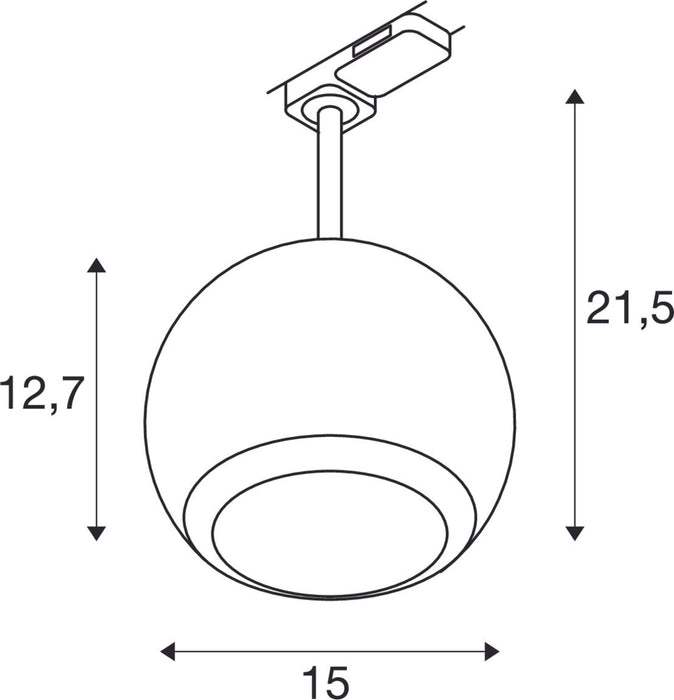 Dimensioned drawing of SLV Aluminium LIGHT EYE ® 150, 3~ spotlight, round, GU10, 1x max. 13W, matt white