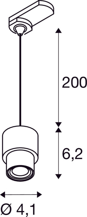 Dimensioned drawing of SLV PURI 2.0 Basic, 3~ pendant light, GU10, pendant length 200cm, 1x max. 6W, grey