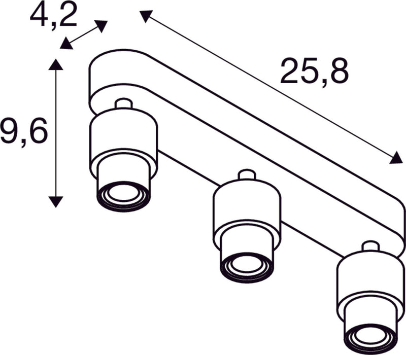 Dimensioned drawing of SLV PURI 2.0 Basic, wall and ceiling-mounted light, long, round, 3 x max. 6W GU10, white