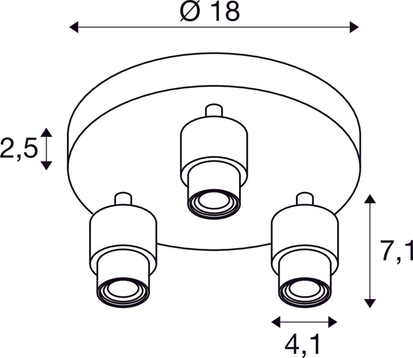Dimensioned drawing of SLV PURI 2.0 Basic, wall and ceiling-mounted light, round, 3 x max. 6W, GU10, black