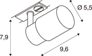 Dimensioned drawing of SLV Aluminium PURI 2.0 Tube, 1~ spot, GU10, 1x max. 6W, black