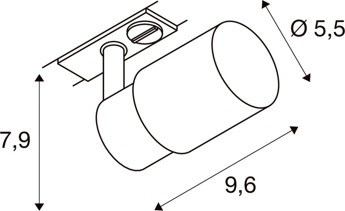 Technical drawing of a ceiling-mounted cylindrical spotlight with dimensions.