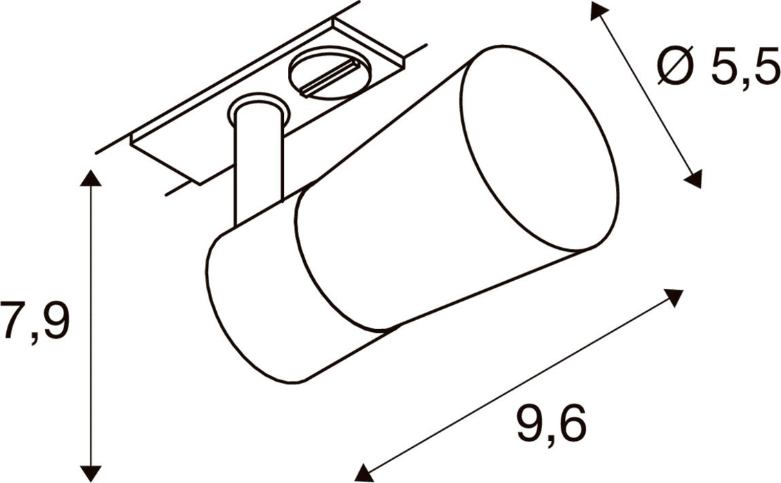 Technical drawing of a track-mounted spotlight, showing dimensions.