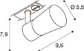 Technical drawing of a track-mounted spotlight, showing dimensions.