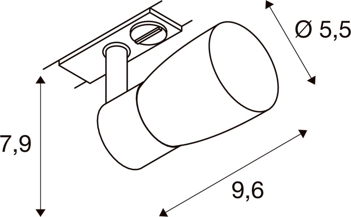 Technical drawing of a track light fixture showing dimensions.