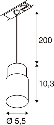 Dimensioned drawing of SLV PURI 2.0 Tube, 1~ pendant light, GU10, pendant length 200 cm, 1x max. 6W, black / gold