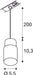 Dimensioned drawing of SLV PURI 2.0 Tube, 1~ pendant light, GU10, pendant length 200 cm, 1x max. 6W, white