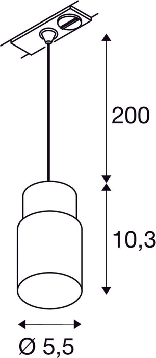 Dimensioned drawing of SLV PURI 2.0 Tube, 1~ pendant light, GU10, pendant length 200 cm, 1x max. 6W, grey
