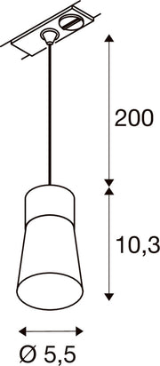 Dimensioned drawing of SLV PURI 2.0 Cone, 1~ pendant light, GU10, pendant length 200cm, 1x max. 6W, grey