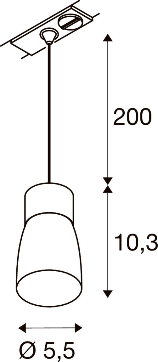 Dimensioned drawing of SLV PURI 2.0 Dome, 1~ pendant light, GU10, pendant length 200 cm, 1x max. 6W, black / gold