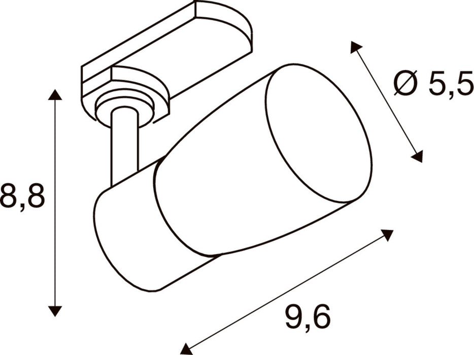 Technical drawing of a surface-mounted spotlight with dimensions.