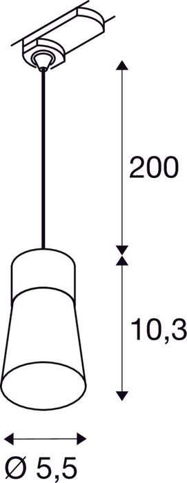 Dimensioned drawing of SLV PURI 2.0 Cone, 3~ pendant light, GU10, pendant length 200 cm, 1x max. 6W, white