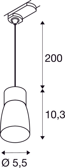 Dimensioned drawing of SLV PURI 2.0 Dome, 3~ pendant light, GU10, pendant length 200 cm, 1x max. 6W, black
